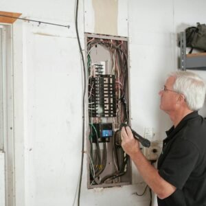 An electrician carefully examines a residential fuse box indoors, ensuring electrical safety and compliance.