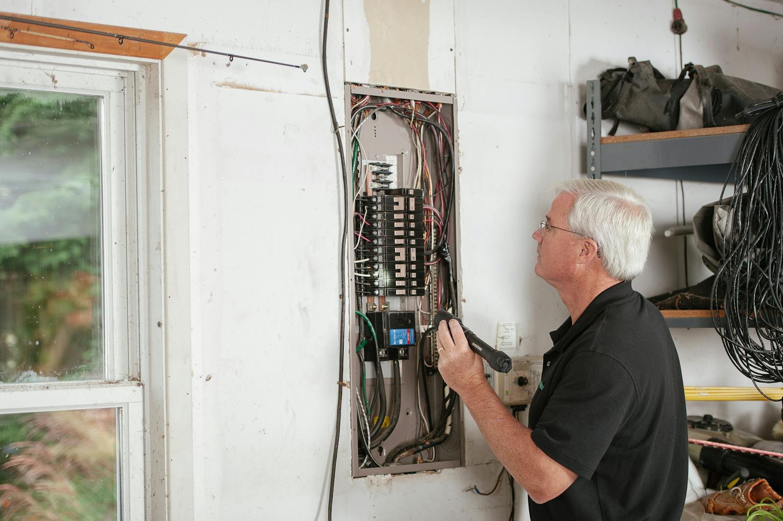 An electrician carefully examines a residential fuse box indoors, ensuring electrical safety and compliance.